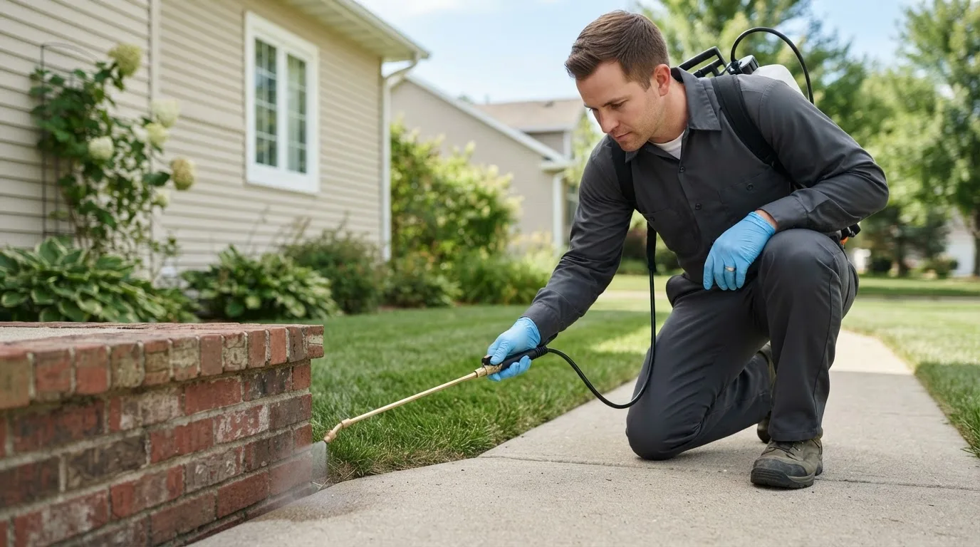 Pest control technician treating a home near Hollister, NC