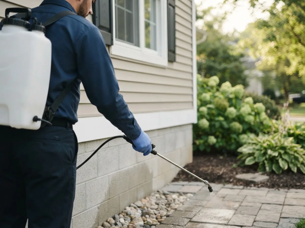 Pest control technician inspecting a home in Hollister, NC